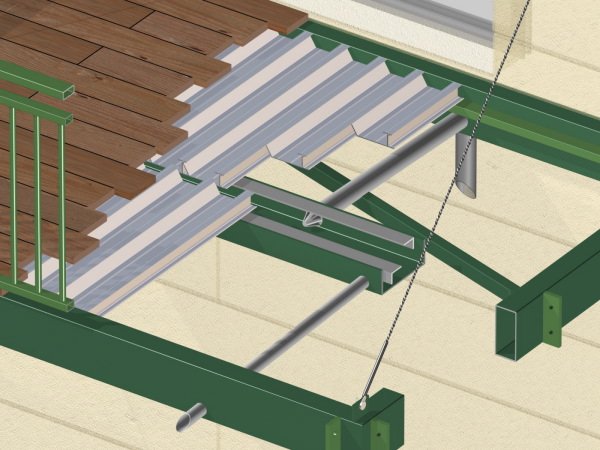 Ossature bois-acier sur laquelle sont fixés les profilés MetaDeck